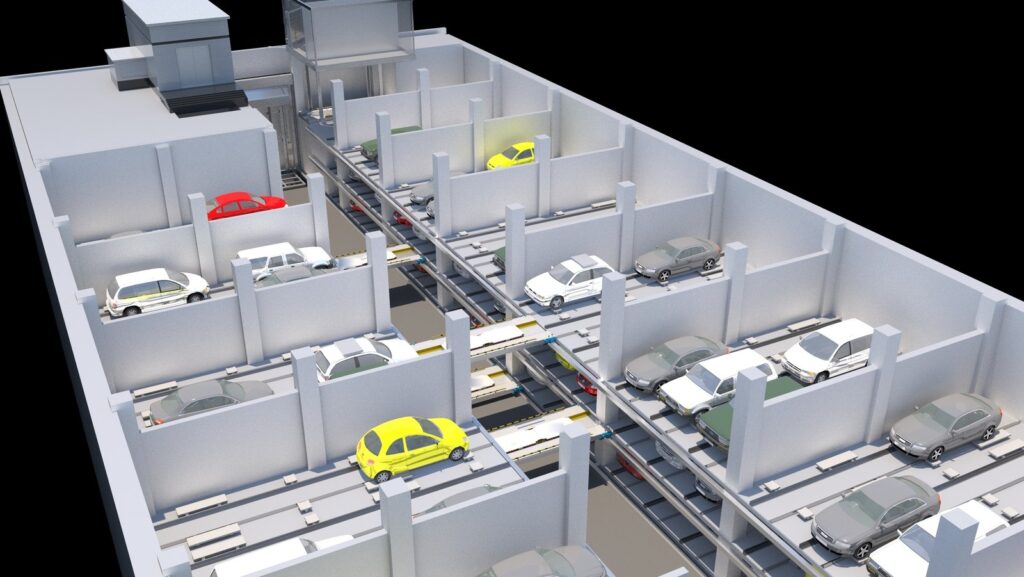 Cart Park – parcare automatizată pe mai multe niveluri, cu cărucioare de transport și lift auto